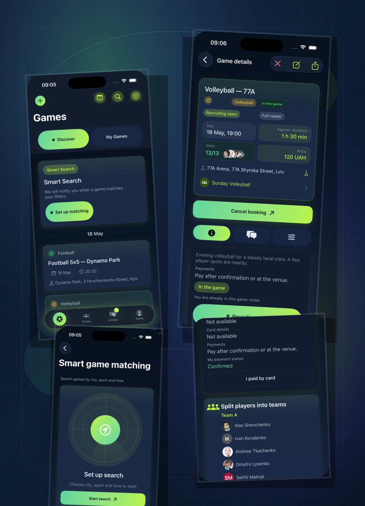 Sports Scout app preview showing nearby matches, invites, roster split and chat updates